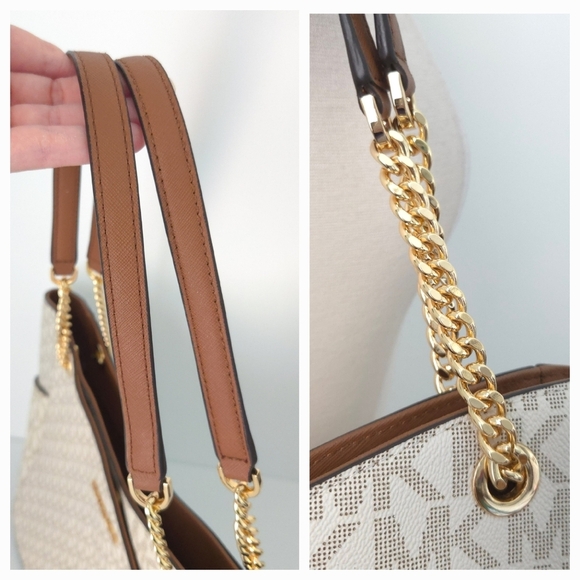 Michael Kors Cream White Brown Saffiano Leather Jet Set Chain Tote Handbag w COA - Picture 9 of 11